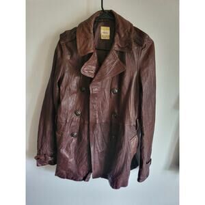 Fossil Womens Brown Leather Jacket Double Breasted Mid Length Small